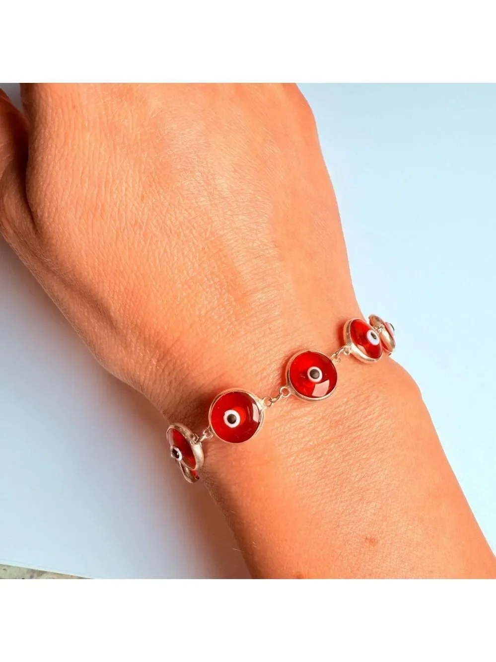 Evil Eye Amulet Orange Amber Glass Sterling Silver 925 Protection Bracelet